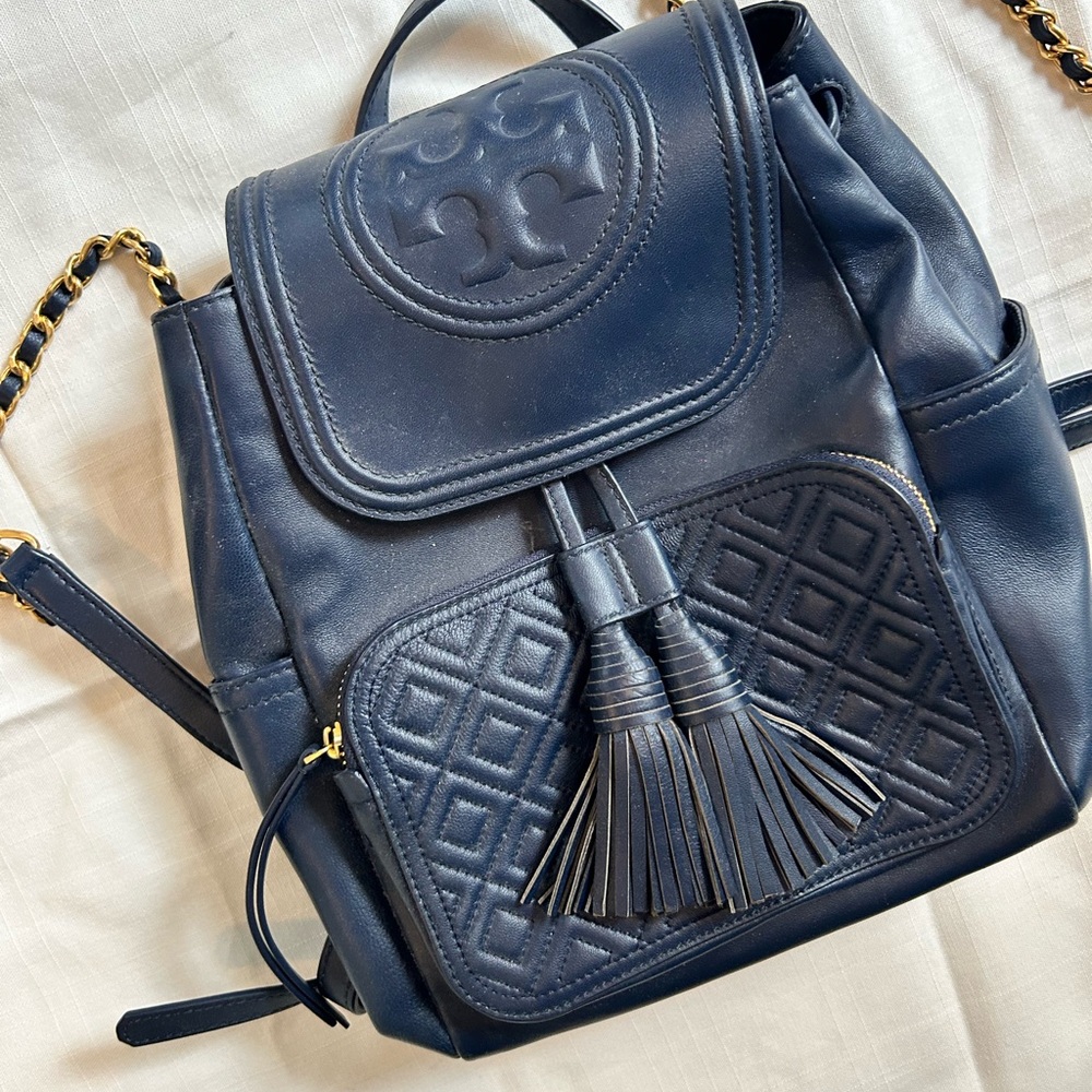 Tory Burch Blue Quilted Leather Small Backpack with Gold Hardware